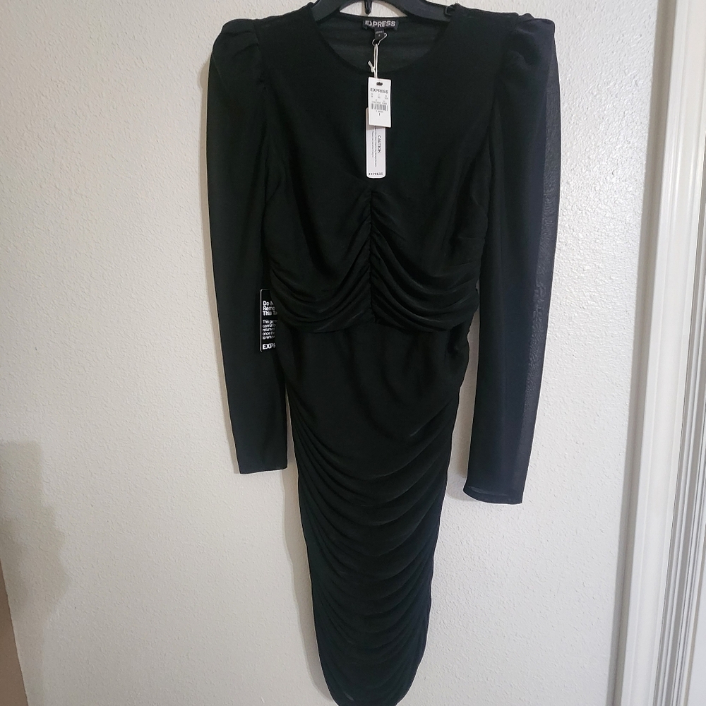 Express Black Ruched Puff Sleeve Bodycon Dress